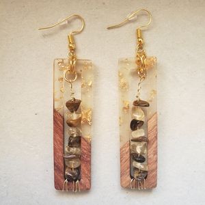 Wood Gold Stone Earrings Handmade